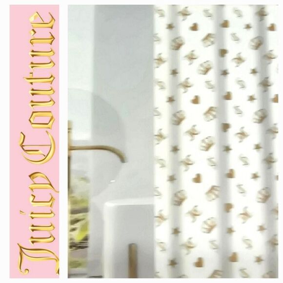 Juicy Couture Home JC Logo Heart, Crown, & Stars Fabric Shower Curtsin w/Hooks - Picture 1 of 4